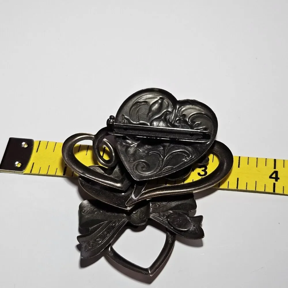 Vintage K&T HEART Brooch Mixed Metal Love Pin Silver Brass Tone Signed Jewelry